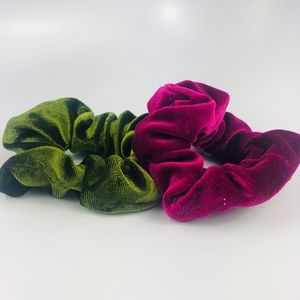 Two Washable Green and Pink Velvet Scrunchies